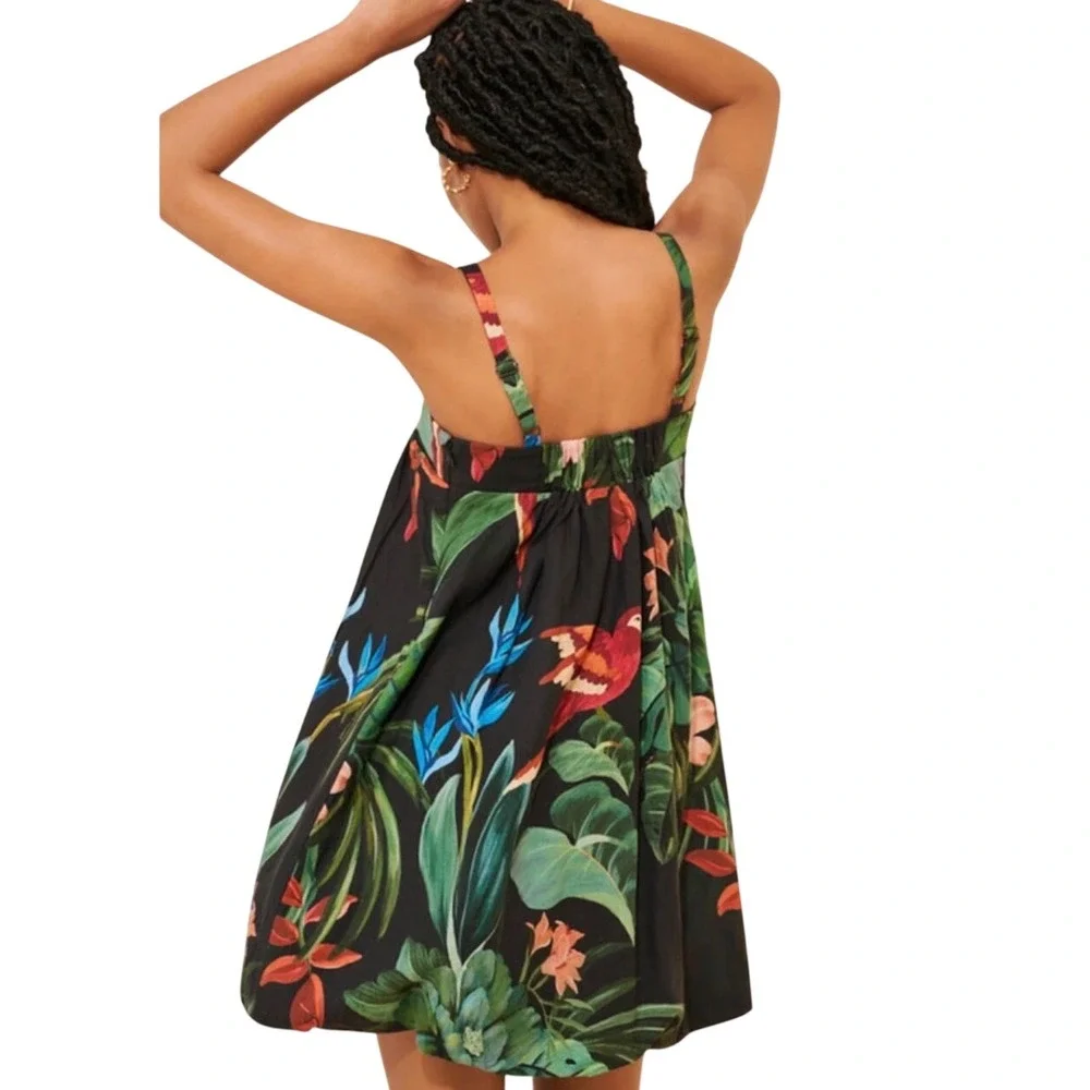 Farm Rio Black Tropical Toucan Mini Dress XL Beaded Straps Linen Blend SN 331864